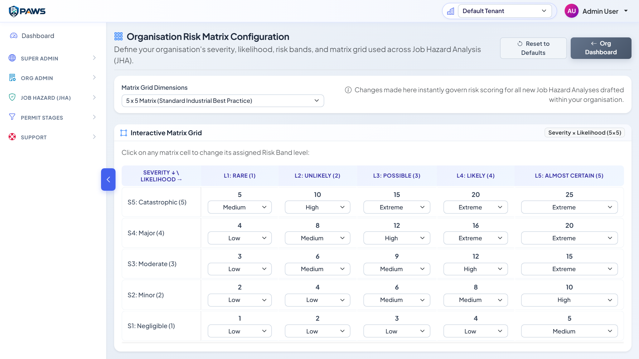 8x8 Risk Matrix Configuration